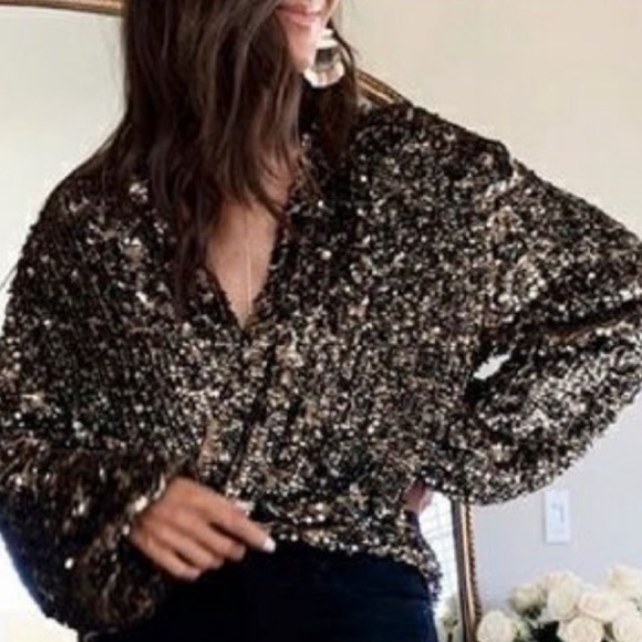 Free People Seeing Stars M/L Gold Black Allover Sequin Embellished Open Jacket - Picture 5 of 9